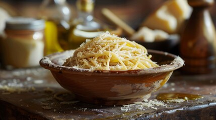Rustic Bowl of Spaghetti Drizzled with Olive Oil and Sprinkled with Grated Parmesan Cheese