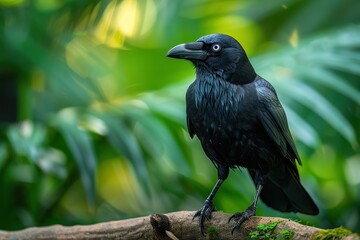 Fototapeta premium A Hawaiian crow perched on a branch in a tropical forest, its glossy black feathers and intelligent eyes capturing the essence of this rare bird. 