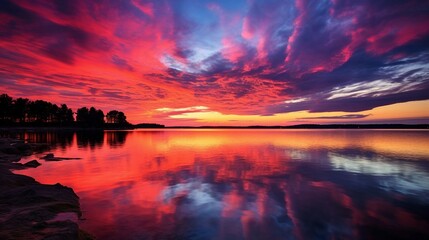 Obraz premium Breathtaking Red and Orange Sunset Reflected in the Calm Waters of a Serene Lake. Generative AI