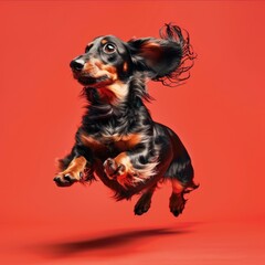 Black dachshund in mid-air bringing joy and excitement