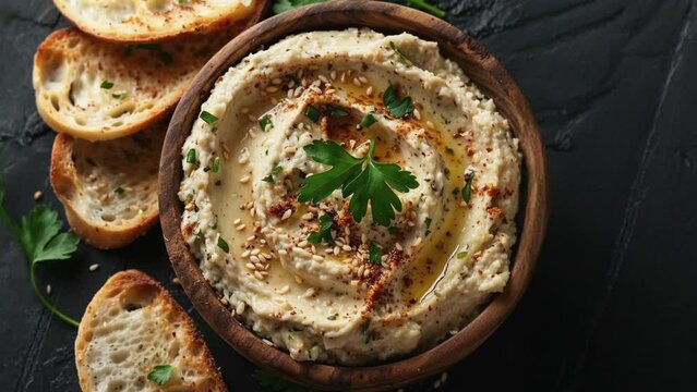 Creamy Hummus With Toasted Bread Slices on Slate Background