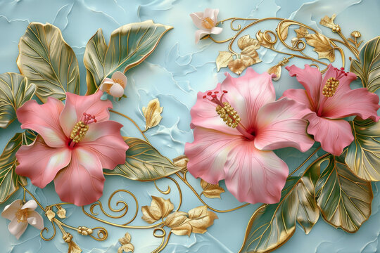 3d wallpaper with beautiful flowers and leaves, light blue background, pink hibiscus, golden decorative elements