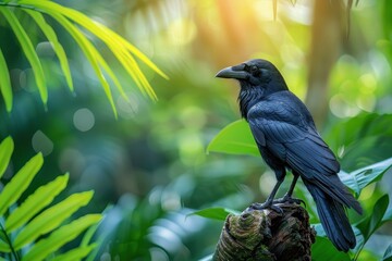 A Hawaiian crow perched on a branch in a tropical forest, its glossy black feathers and intelligent eyes capturing the essence of this rare bird. 