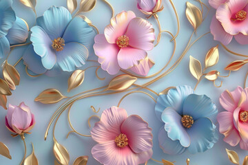 3d wallpaper with beautiful flowers, pink and blue colors, golden leaves, decorative elements, elegant style