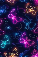 Abstract seamless background of illuminating shinning glowing beautiful butterflies over dark background.