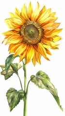 Fototapeta premium Watercolor painting of a sunflower with green leaves, realistic botanical illustration. Artistic nature concept