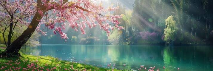 Colorful tree by lake with Spring woods