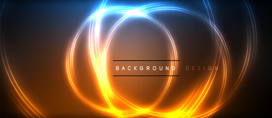 Neon glowing circle rays, light round lines in the dark, planet style neon wave lines. Energetic electric concept design for wallpaper, banner, background