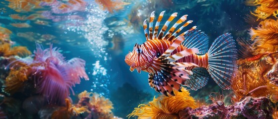 Detailed capture of a lionfish in a coral reef, vibrant colors and textures, clear water, high-definition focus, intricate patterns, serene underwater scene