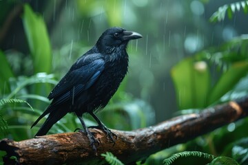A Hawaiian crow perched on a branch in a tropical forest, its glossy black feathers and intelligent eyes capturing the essence of this rare bird. 