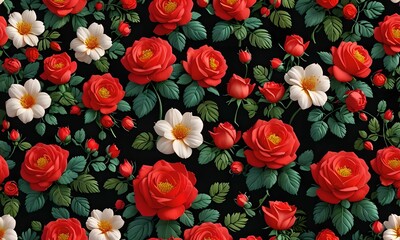 painted paper representing a pattern of spring flowers with a black background. Decorative scene in relief.
