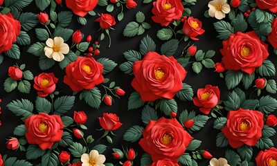 painted paper representing a pattern of spring flowers with a black background. Decorative scene in relief.
