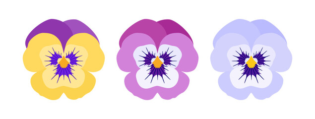 Pansy flowers. Vector set of violet flowers in yellow, pink and blue colors isolated on white background. For print, stickers, cards and invitations.