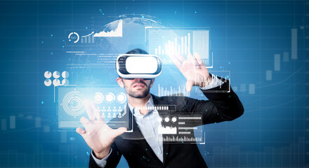 Skilled business man looking data analysis while planning strategy by using visual reality glasses. Professional smart investor checking financial graph holographic while wearing VR goggle. Deviation.