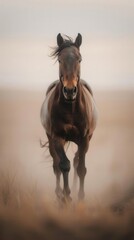 Obraz premium A majestic brown horse runs freely in a misty, open field, showcasing its strength and beauty against a soft, foggy background.