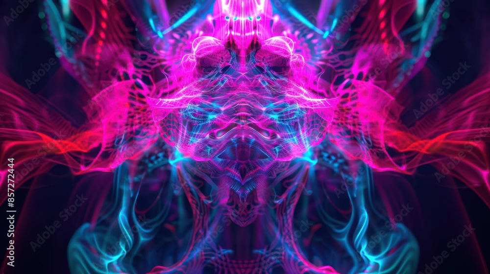 Poster vibrant abstract digital art featuring neon pink and blue light patterns in a symmetrical design, cr