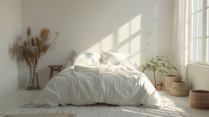 A cozy white bedroom with minimalist furnishings, designed to create a peaceful and relaxing atmosphere. The image offers plenty of copy space for adding text or graphics.