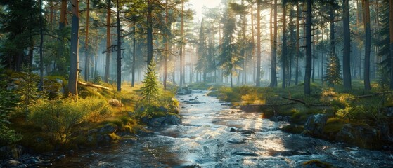 Detailed forest landscape in , highlighting tall trees and a serene river, suitable for nature content