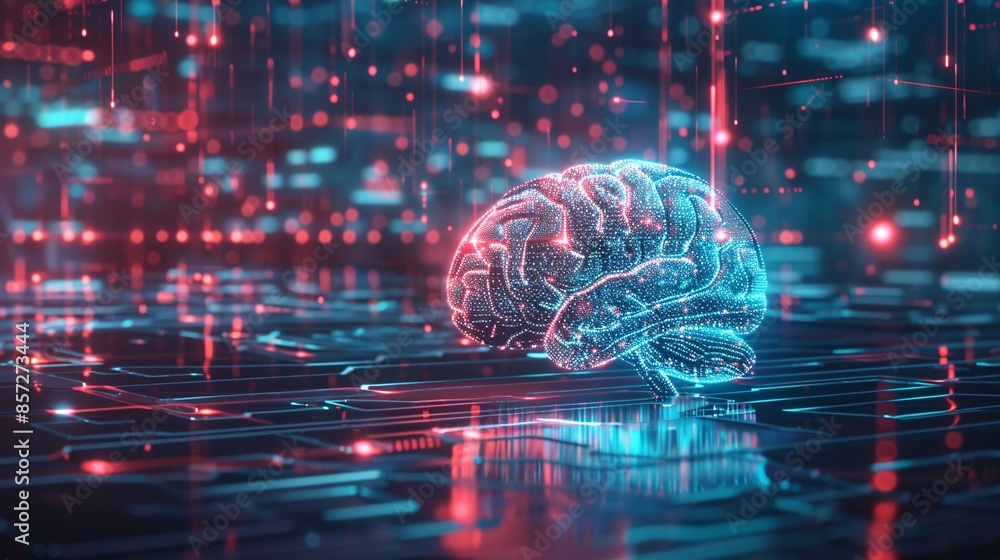 Poster abstract futuristic background depicting artificial intelligence as a human, focusing on the ai brai