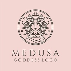 medusa goddess face and snake hair line art logo vector symbol illustration design