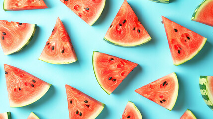 Watermelon slices on blue background. 