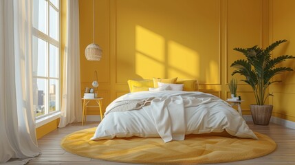 A minimalist bedroom in soft shades of yellow, with clean lines and minimalist furniture creating a serene and inviting atmosphere. The image provides ample copy space for adding text or graphics,