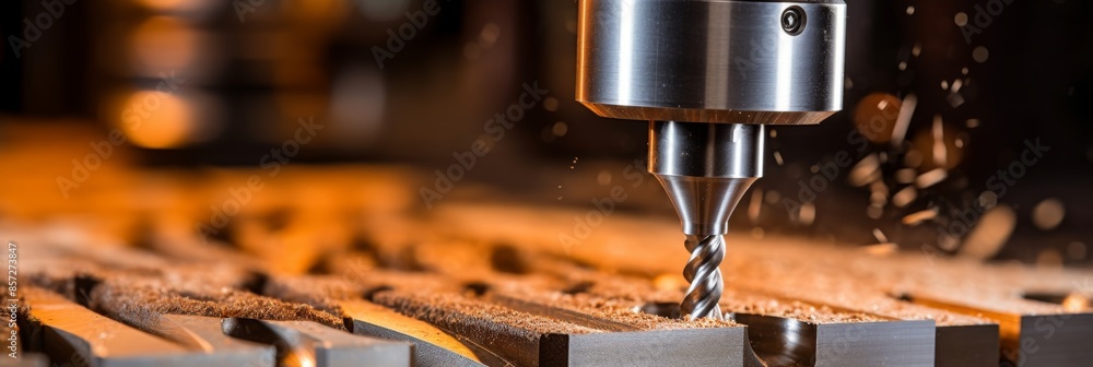 Poster sharp cnc drill bit in focus against blurred machine background for precision workings