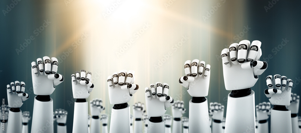 Poster mlp 3d illustration robot humanoid hands up to celebrate success achieved by using ai artificial int