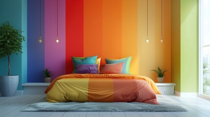 A contemporary bedroom with a striking rainbow color scheme, designed in a minimalist style with clean lines and uncluttered space. The image provides plenty of copy space for adding text or graphics.