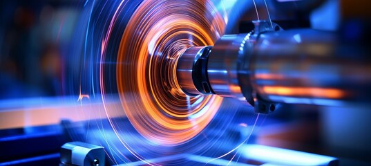 High speed cnc lathe tool with glowing cutting edge in sharp focus for precision machining