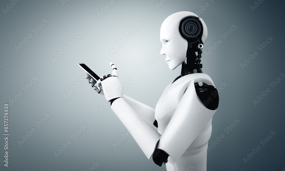 Poster mlp 3d illustration robot humanoid use mobile phone or tablet in future office while using ai thinki