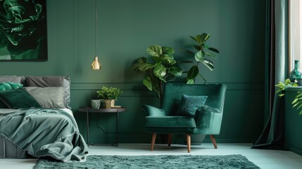 A chic bedroom decorated in shades of emerald, with minimalist furniture and decor creating a sleek and contemporary look. The image offers plenty of copy space for customization.