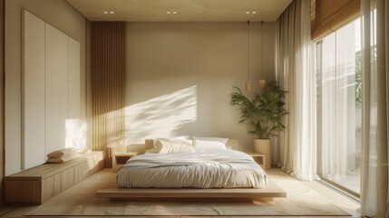 A minimalist bedroom with a hint of gold, featuring clean lines and a serene color palette. The simple yet elegant design is perfect for showcasing modern interior concepts.
