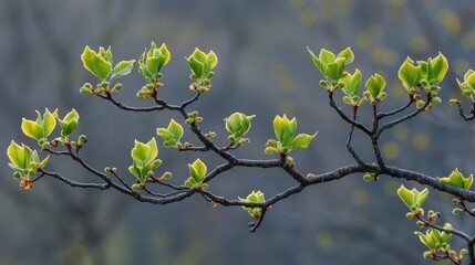 Fresh green leaves budding on tree branches