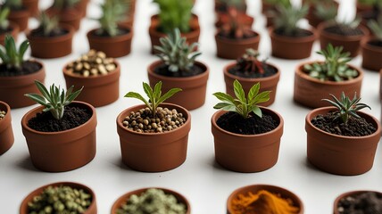 rows of planters of spices, flat, minimalistic, on a pure white background.