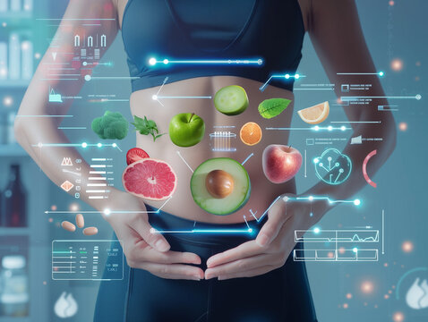 Woman in sportswear holding steamed vegetables surrounded by digitally styled graphs of calorie data and constituents. Diet infographics, visualization of metabolism, fat burning