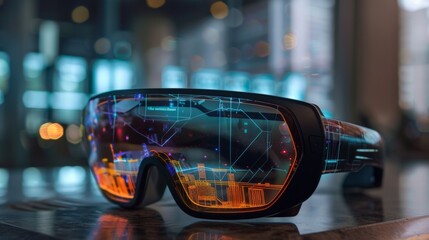Futuristic Augmented Reality Glasses with Cityscape Projection.