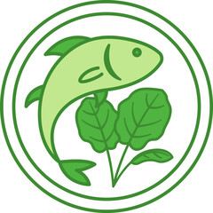 Green Mediterranean Icon. Vector Icon of Sea Fish and Young Leaves. Mediterranean Diet, Healthy Eating. Product Label