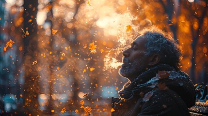 A man smokes a cigarette while surrounded by falling leaves