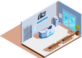 isometric hospital reception with furniture and elevator, vector illustration