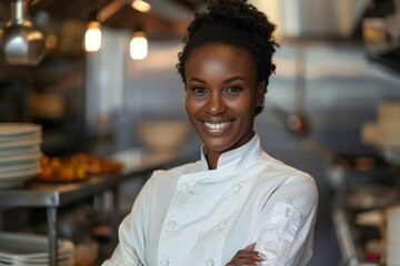 Fototapeta premium A portrait of a smiling female chef in a professional kitchen, wearing a white chefs uniform