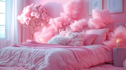 A cozy bedroom decorated in a cotton candy color palette, with minimalist furniture and decor creating a serene and relaxing atmosphere. The image provides ample copy space for adding text or