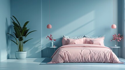 A sophisticated bedroom with a cotton candy color palette, featuring minimalist furnishings and a clean, uncluttered layout. The image offers ample copy space for adding text or graphics.
