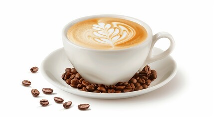 Cup of latte coffee with latte art surrounded by coffee beans on white background. Morning coffee and relaxation concept