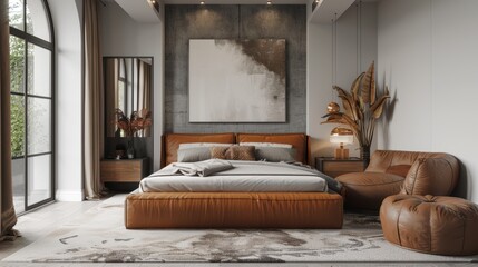 A stylish bedroom with leather details, designed in a minimalist style with clean lines and a sophisticated color scheme. The image provides plenty of copy space for adding text or graphics.