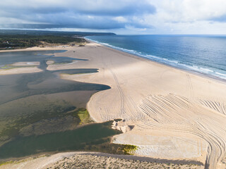 Lagoa de Albufeira lagoon and beach in Portugal aerial shot