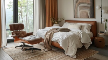 A cozy bedroom featuring leather accents, with a warm and inviting atmosphere. The minimalist design and neutral tones create a serene environment, with ample copy space for customization.