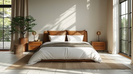 A minimalist bedroom featuring luxurious leather accents, with a clean and unclutte