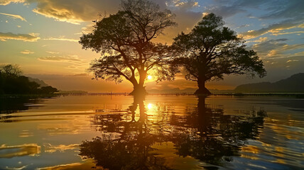 tree reflects sunset on water, AI Generative.