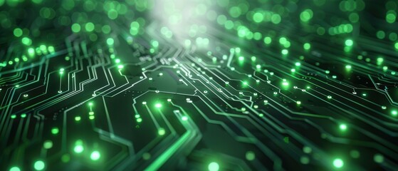 Digital circuit board with glowing green pathways and nodes, futuristic technology concept, isolated on white background, copy space